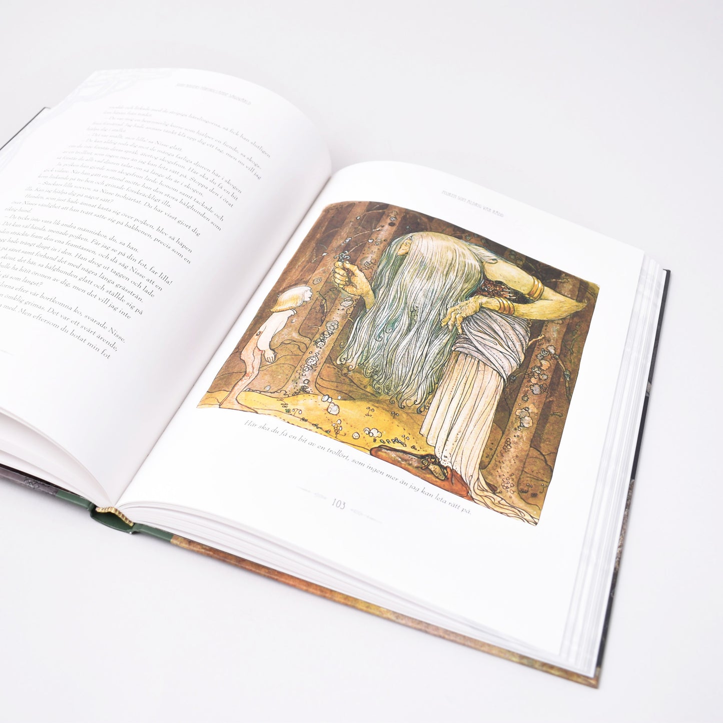 Insida i barnbok om John Bauer med illustration av trolll