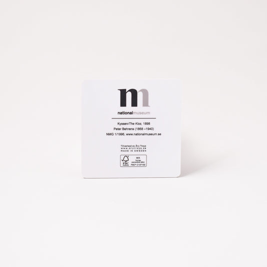 Coaster baksida med titel för konstverket kyssen från Nationalmuseum