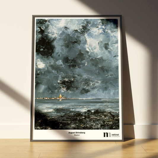 poster 50x70cm i svart ram med August Strindbergs målning Staden från Nationalmuseums samlingar