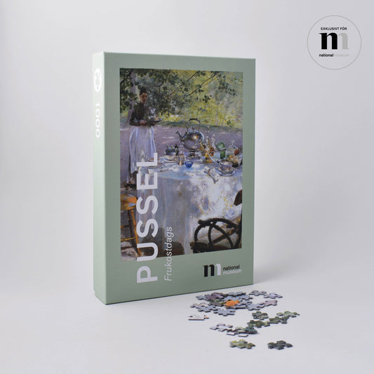 pussel i snygg grön kartong med målningen frukostdags från Nationalmuseum