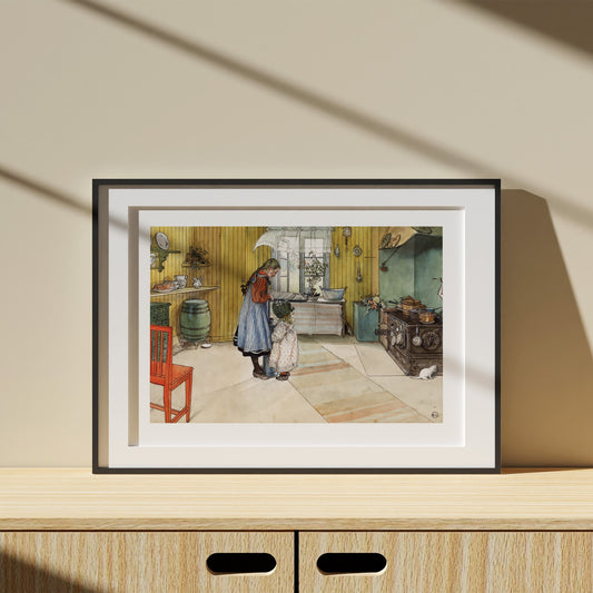 poster i svart ram med Carl Larssons akvarell Köket från Nationalmuseum