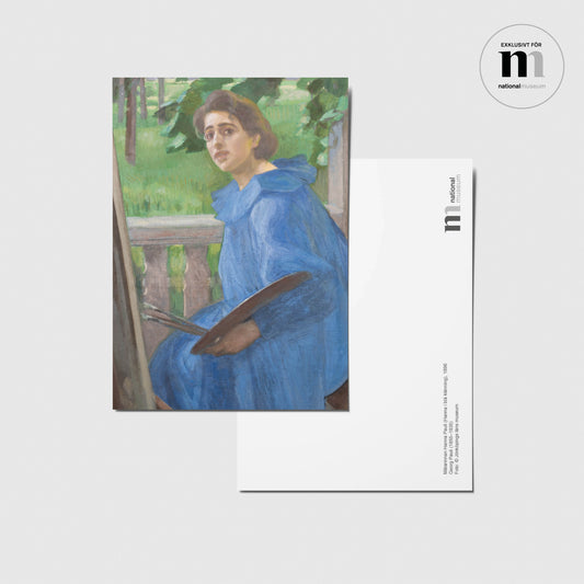 vykort med Georg Paulis porträtt av Hanna Pauli i blå klänning