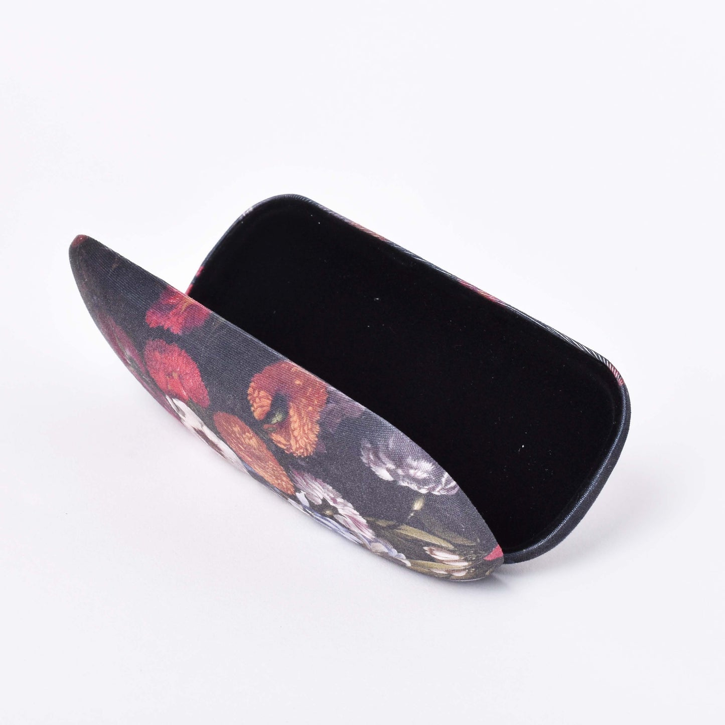 Öppet tygklätt glasögonfodral med motiv av Blomsterstilleben och svart insida