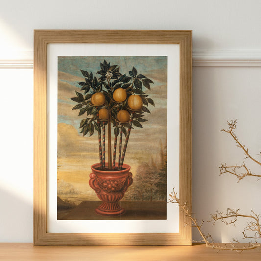 Poster i träram med målade apelsiner från nationalmuseums utställning trädgården