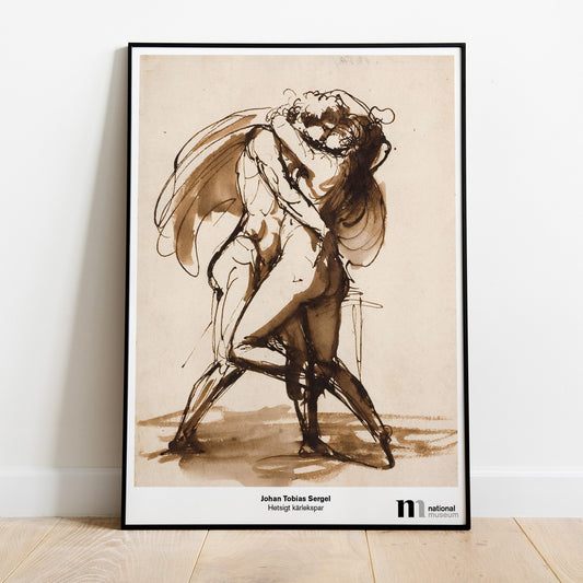 närbild på poster med Sergels Kärlekspar i svart ram lutad mot en vägg