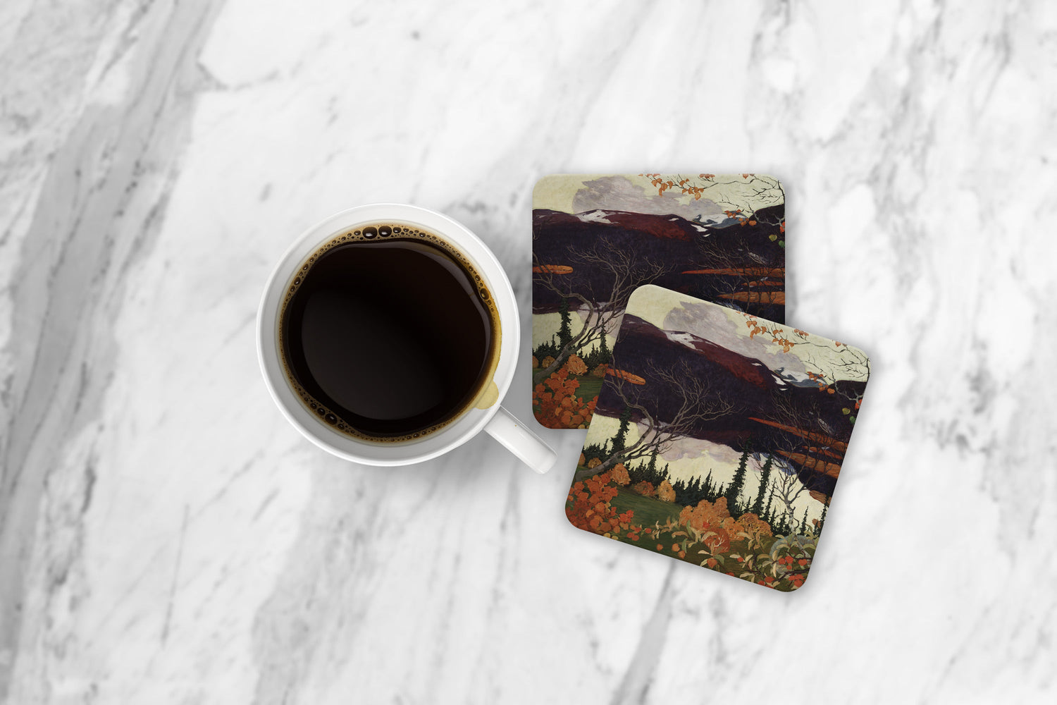 coasters och kaffekopp med motivet hösten från Nationalmuseums samlingar