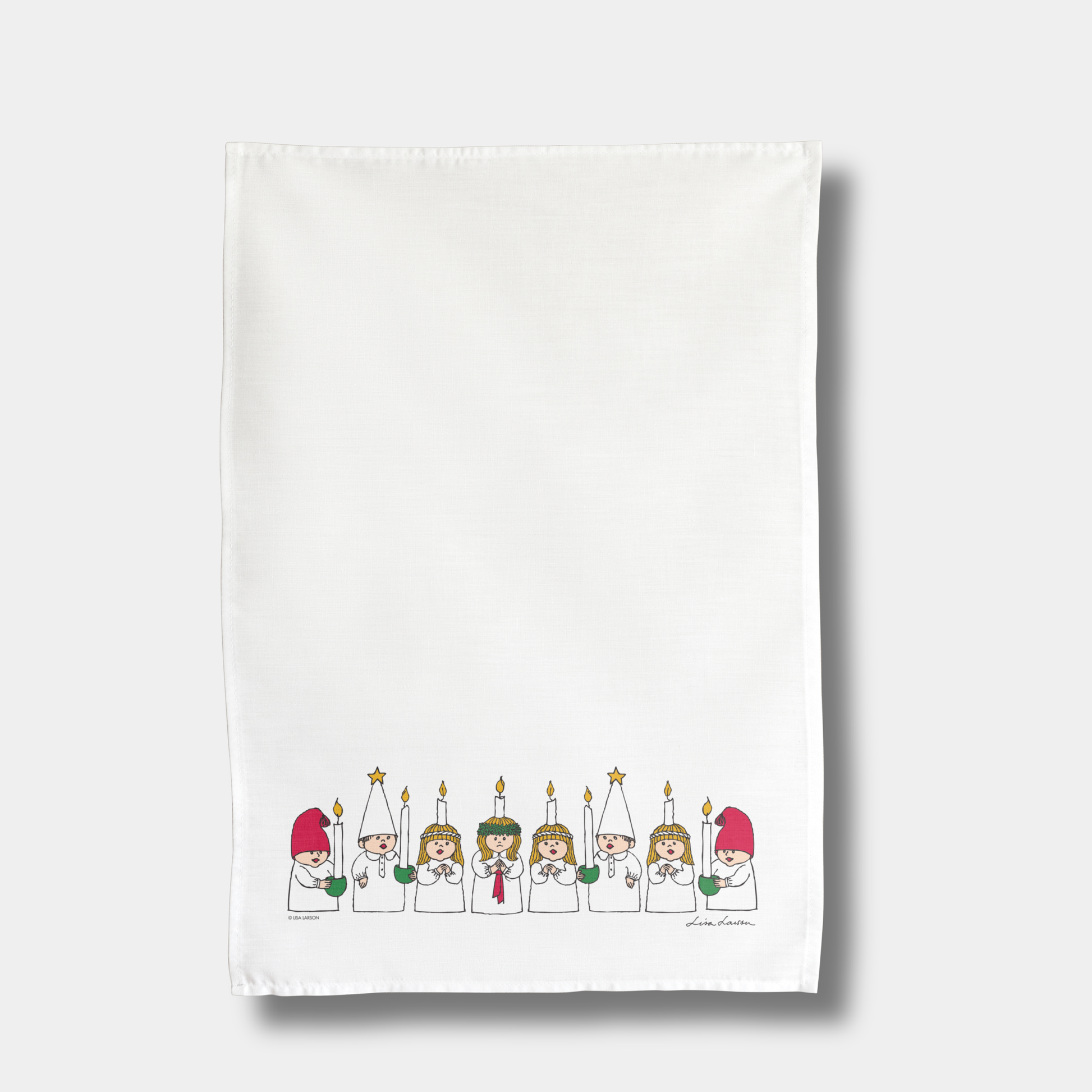 Kökshandduk med Lisa Larsons Adventsbarn föreställande gulligt luciatåg