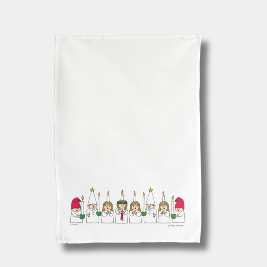 Kökshandduk med Lisa Larsons Adventsbarn föreställande gulligt luciatåg