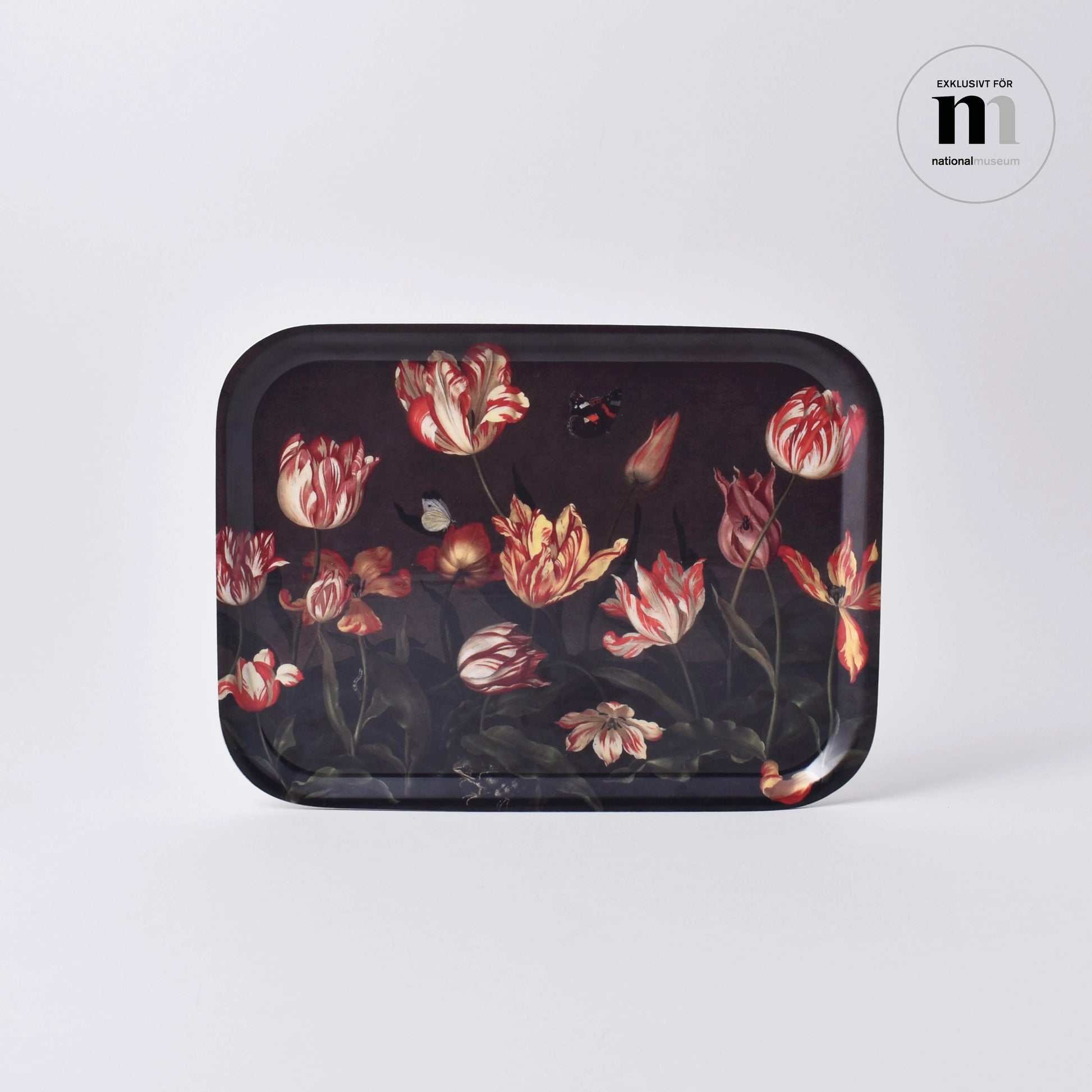 rektangulär bricka med målning av tulpaner från Nationalmuseums samlingar