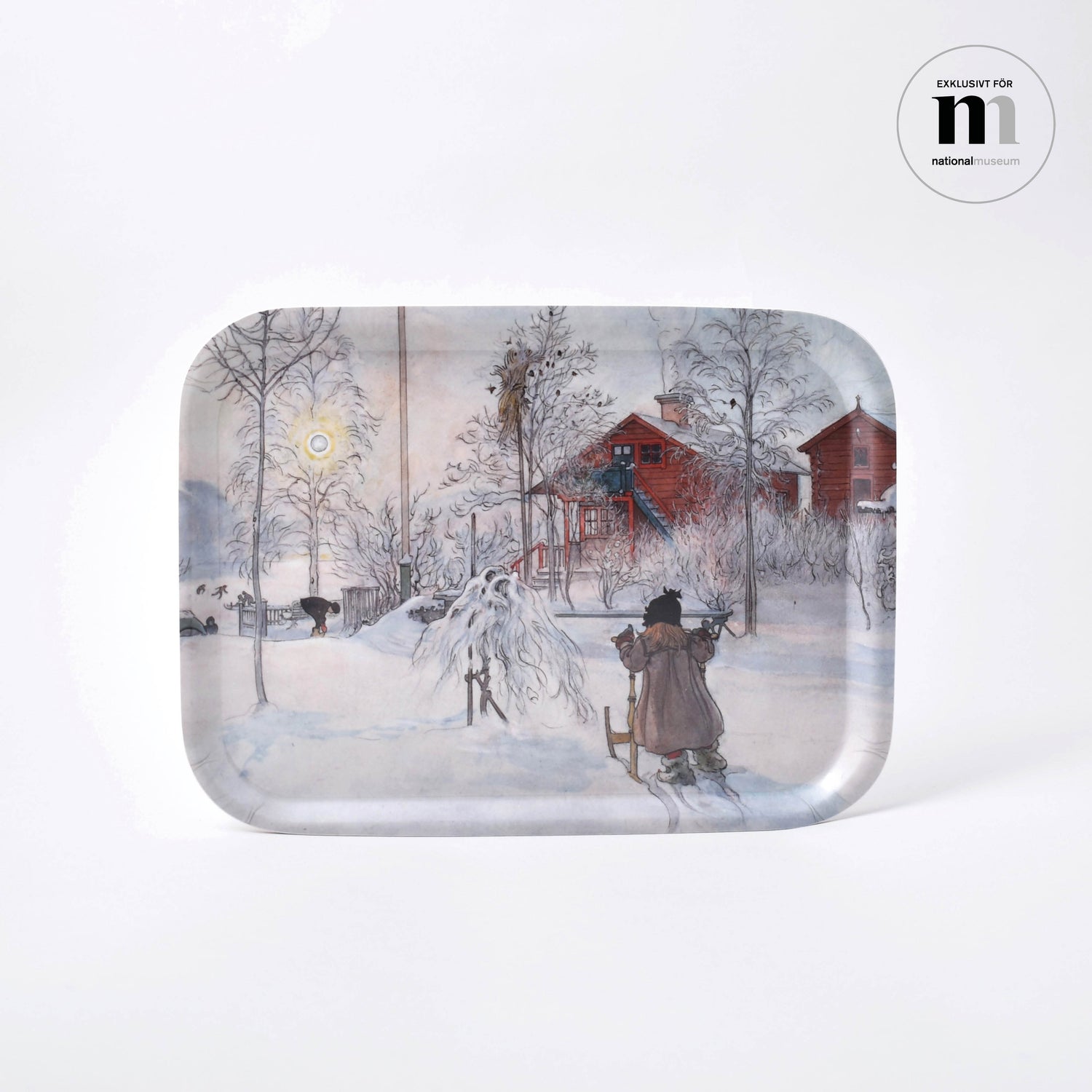 Bricka i trä med Carl Larssons akvarell Gården och brygghuset från Nationalmuseum