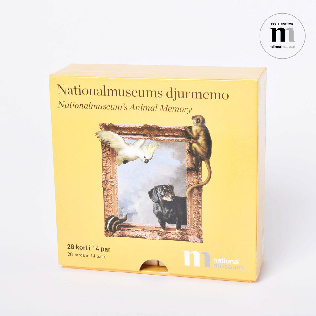 Memoryspel i gul förpackning med motiv av Djur på rymmen från NAtionalmuseum