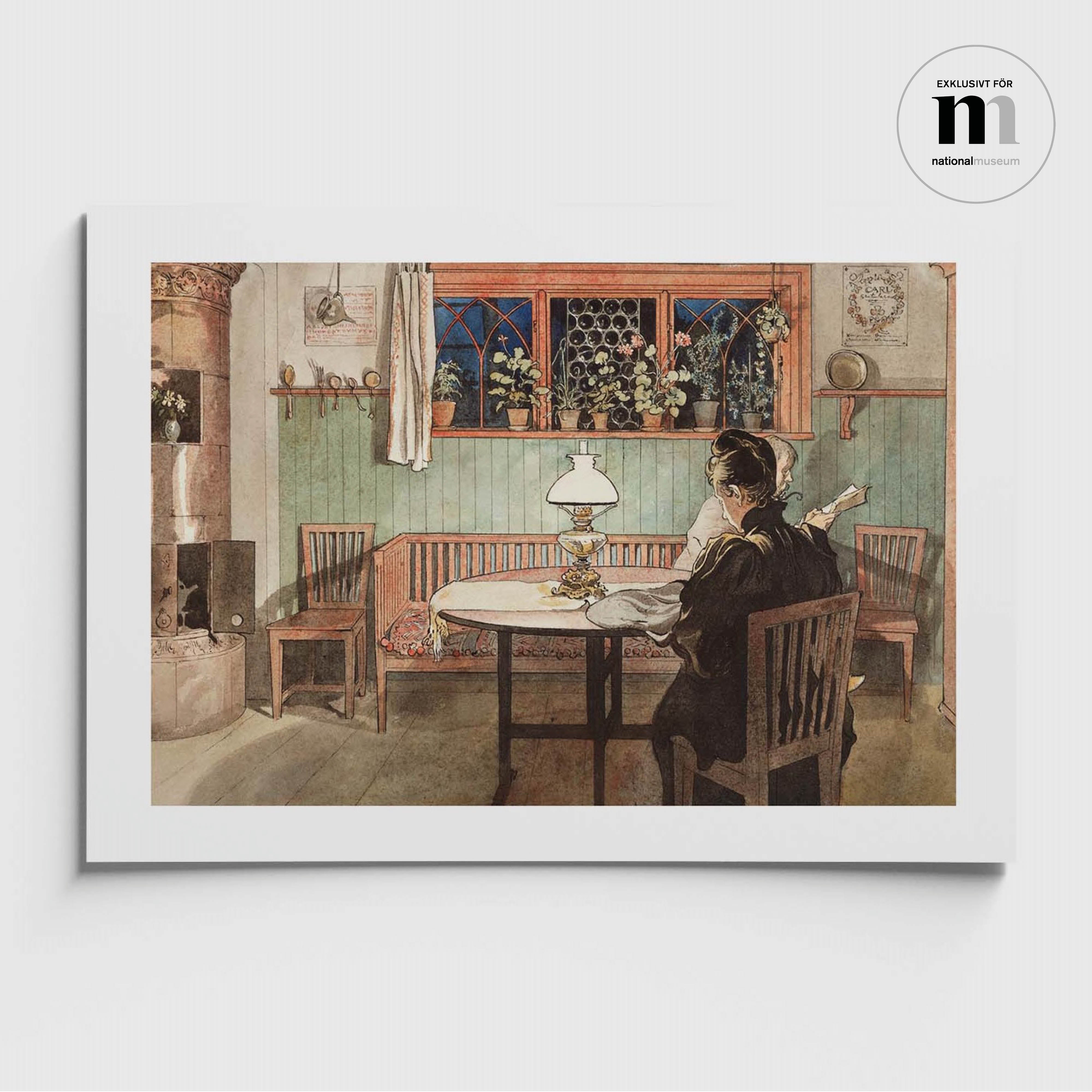 poster med målning från Lilla hyttnäs där Karin Larsson läser vid köksbordet från NAtionalmuseums samlingar