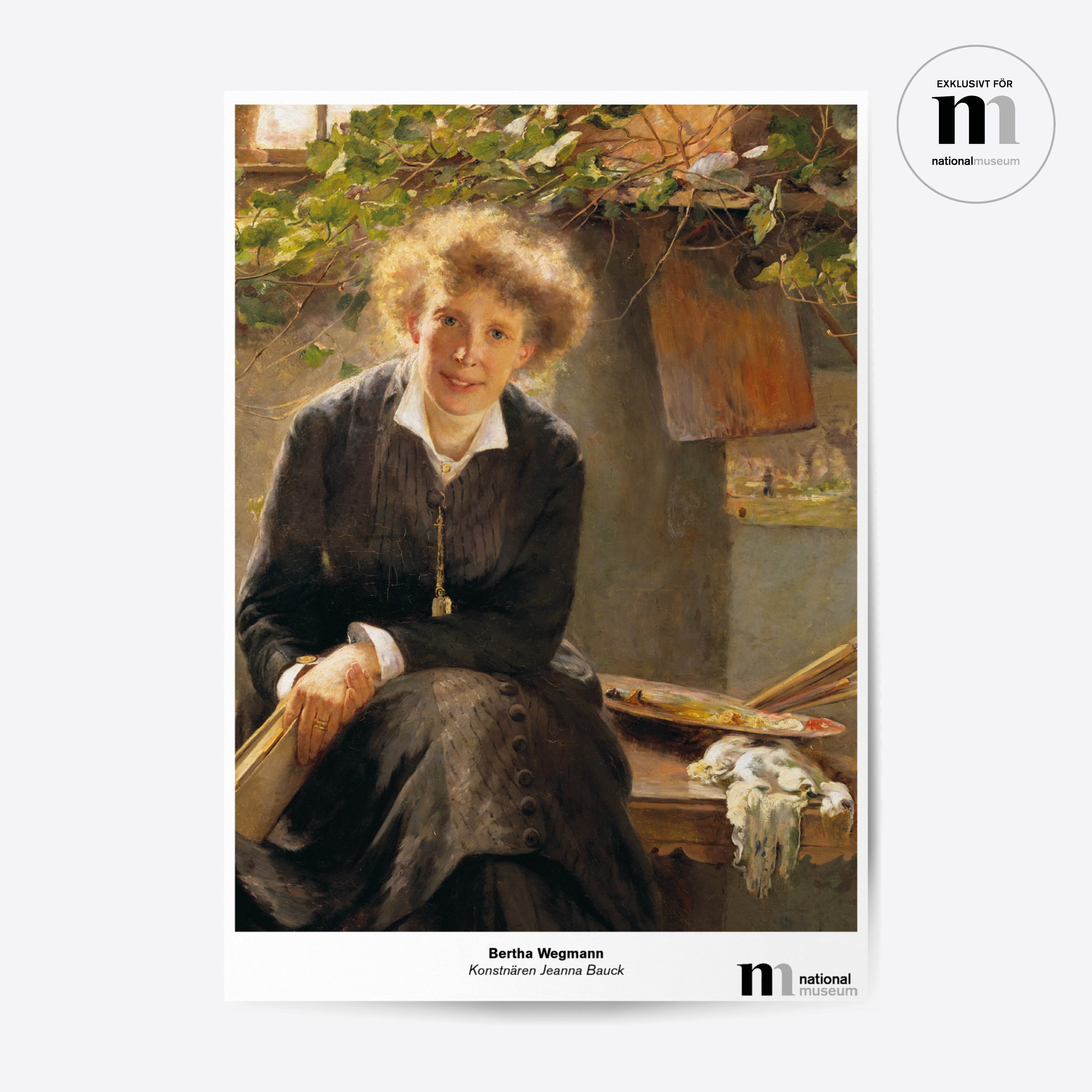 Poster med motiv av Bertha Wegmanns porträtt av konstnären Jeanna Bauck, hennes penslar och palett från Nationalmuseum