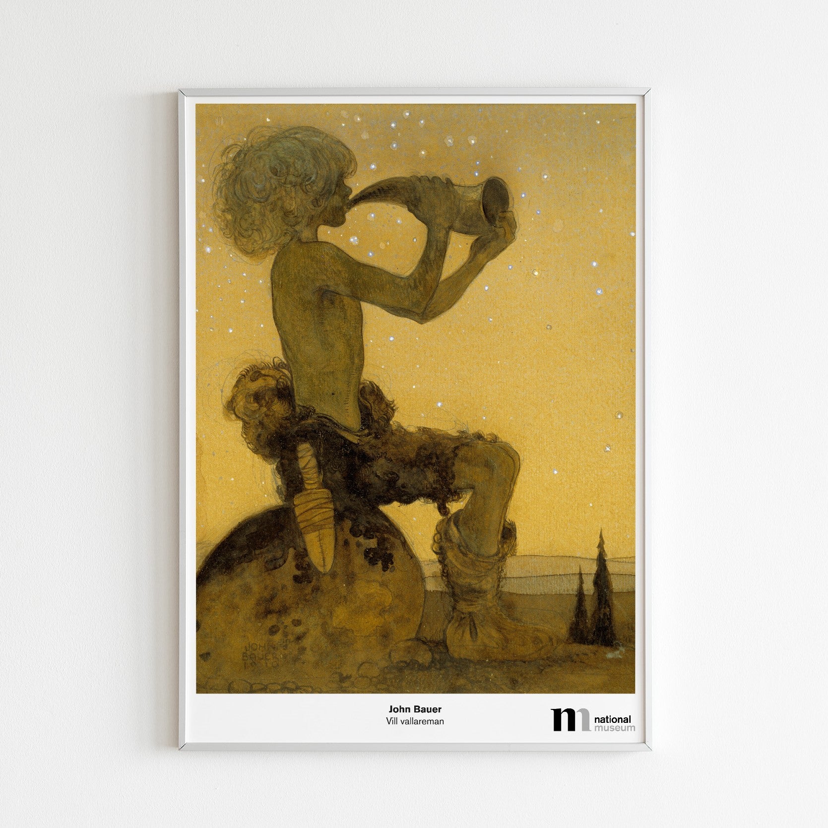 Poster med John Bauers Vill vallareman i vit ram och gula toner
