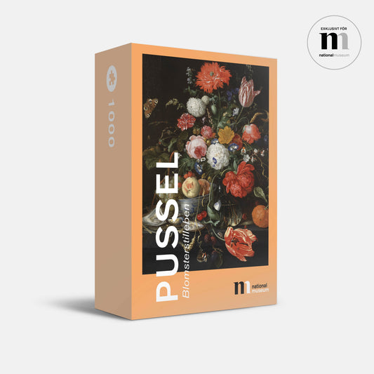 pussel i orange kartong med blomsterstilleben från Nationalmuseum