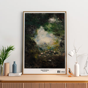 affisch med Strindbergs målning underlandet i ram på en byrå