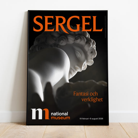 inramad utställningsaffisch med motiv av Amor från utställningen Sergel på Nationalmuseum