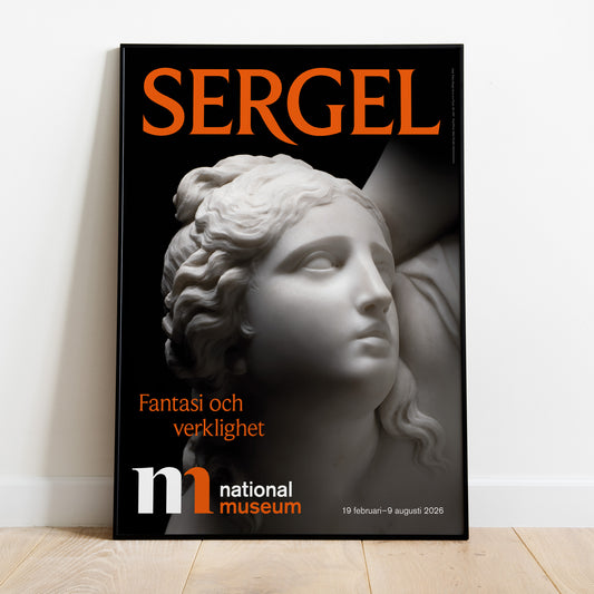 svartvit poster i ram med skulpturen psyke från utställningen Sergel på Nationalmuseum