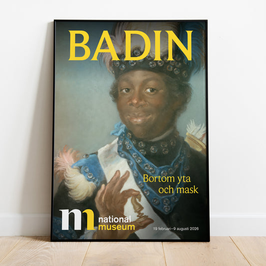 poster i svart ram från utställningen Badin på nationalmuseum