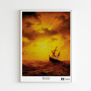 Stående poster i vit ram med Nationalmuseums målning Storm på Havet av Marcus Larson