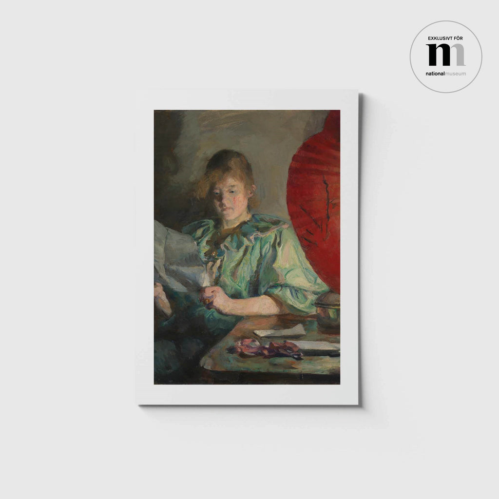 stort vykort med porträtt av läsande kvinna från utställningen Harriet Backer på Nationalmuseum