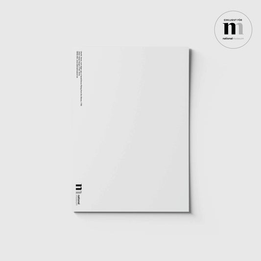 Vit baksida av vykort med titel på verket och Nationalmuseums logga