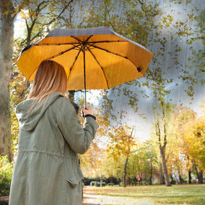 Uppfällt paraply i guld och svart som bärs utomhus en höstdag