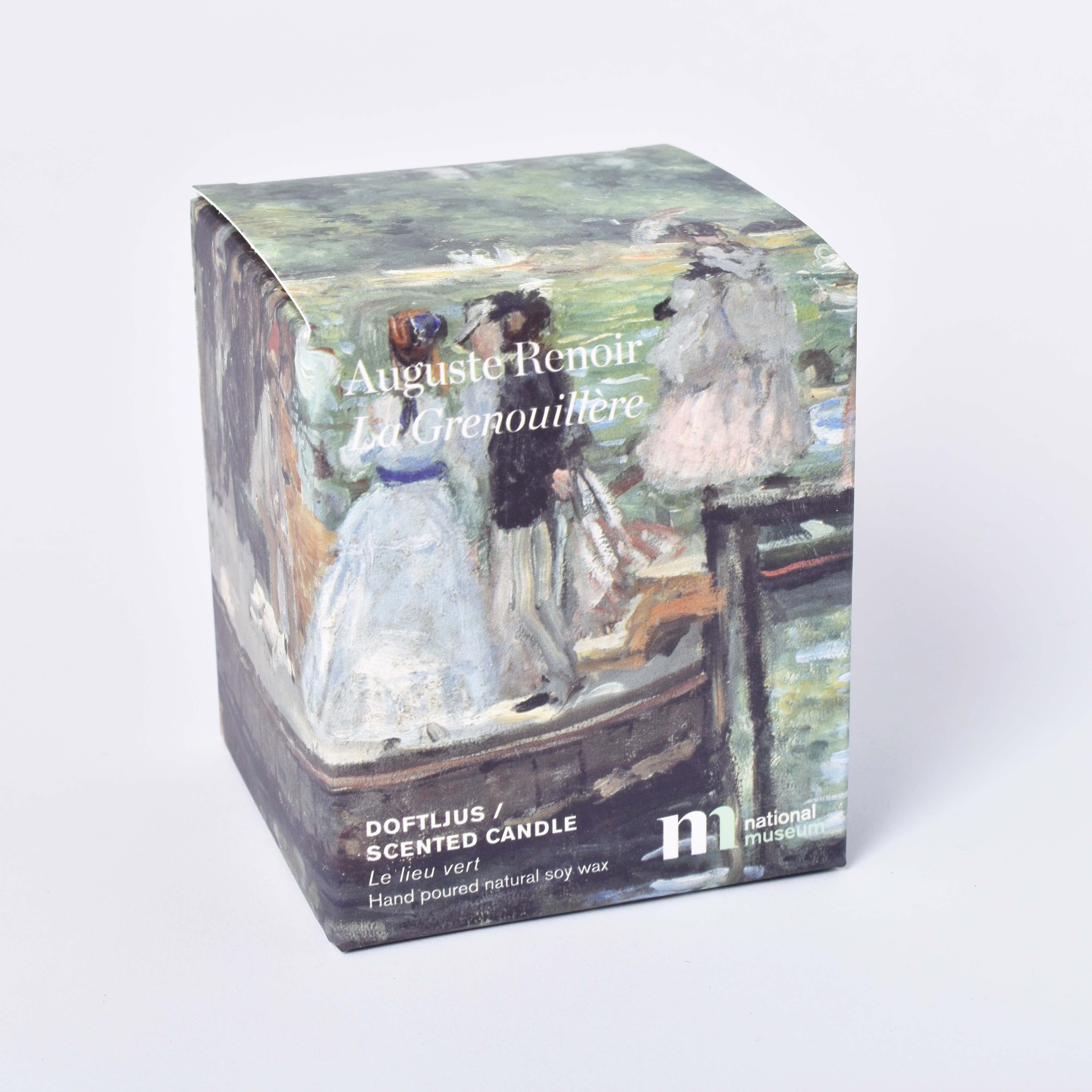 Doftljus förpackning med motiv av Auguste Renoirs La Grenouillère