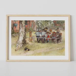 Poster med Carl Larssons Frukost under stora björken från Nationalmuseum i träram
