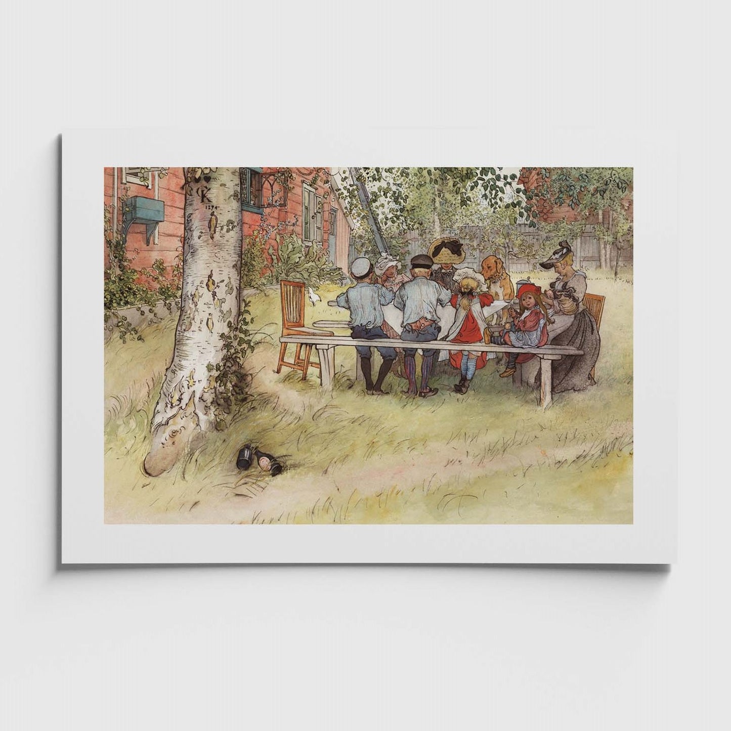 Liten affisch med motivet frukost under stora björken av Carl Larsson