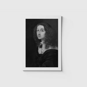 Stort svartvitt vykort med drottning Kristina