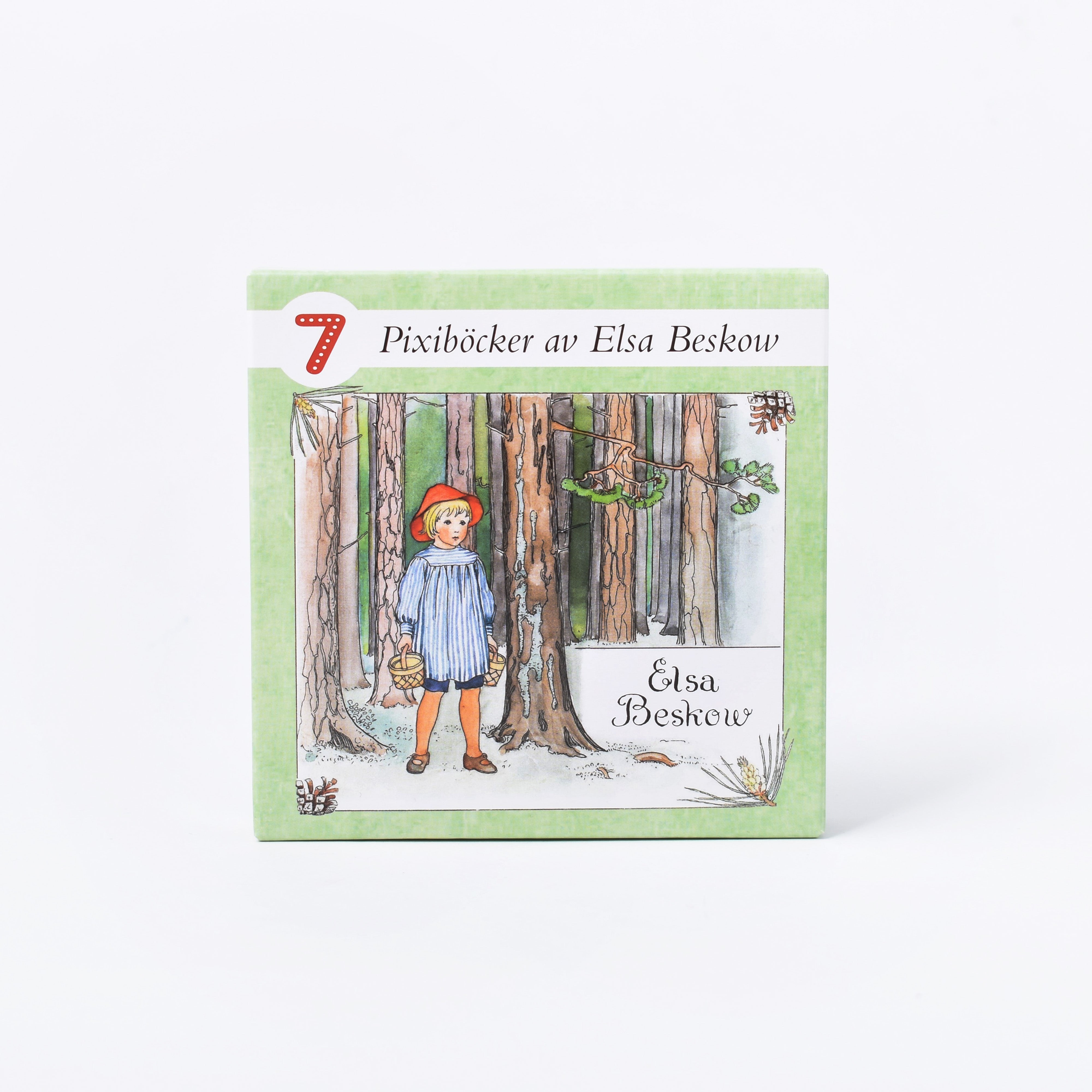 7 pixiböcker i grön ask med berättelser av Elsa Beskow