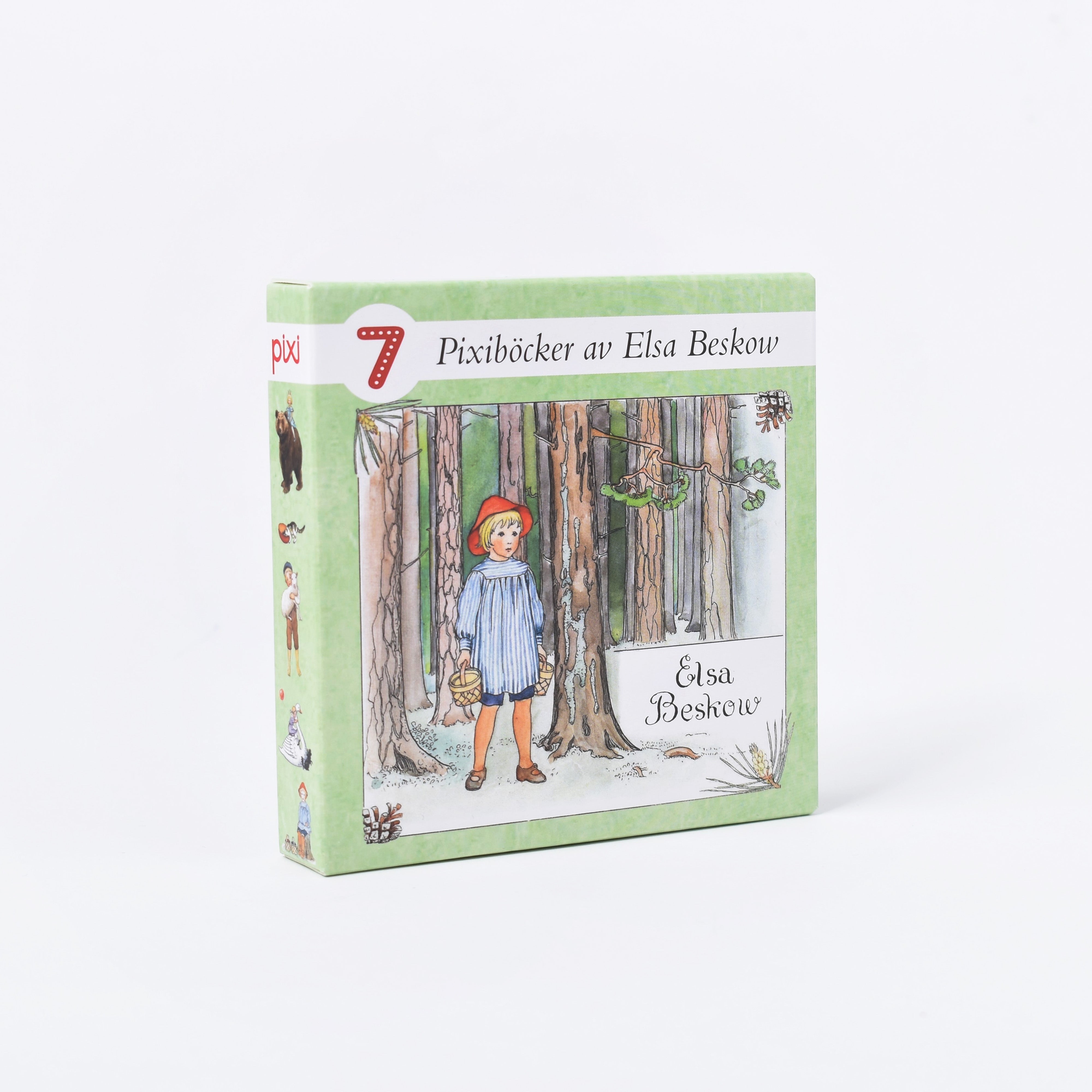 Grön ask med 7 pixiböcker av författaren och illustratören Elsa Beskow