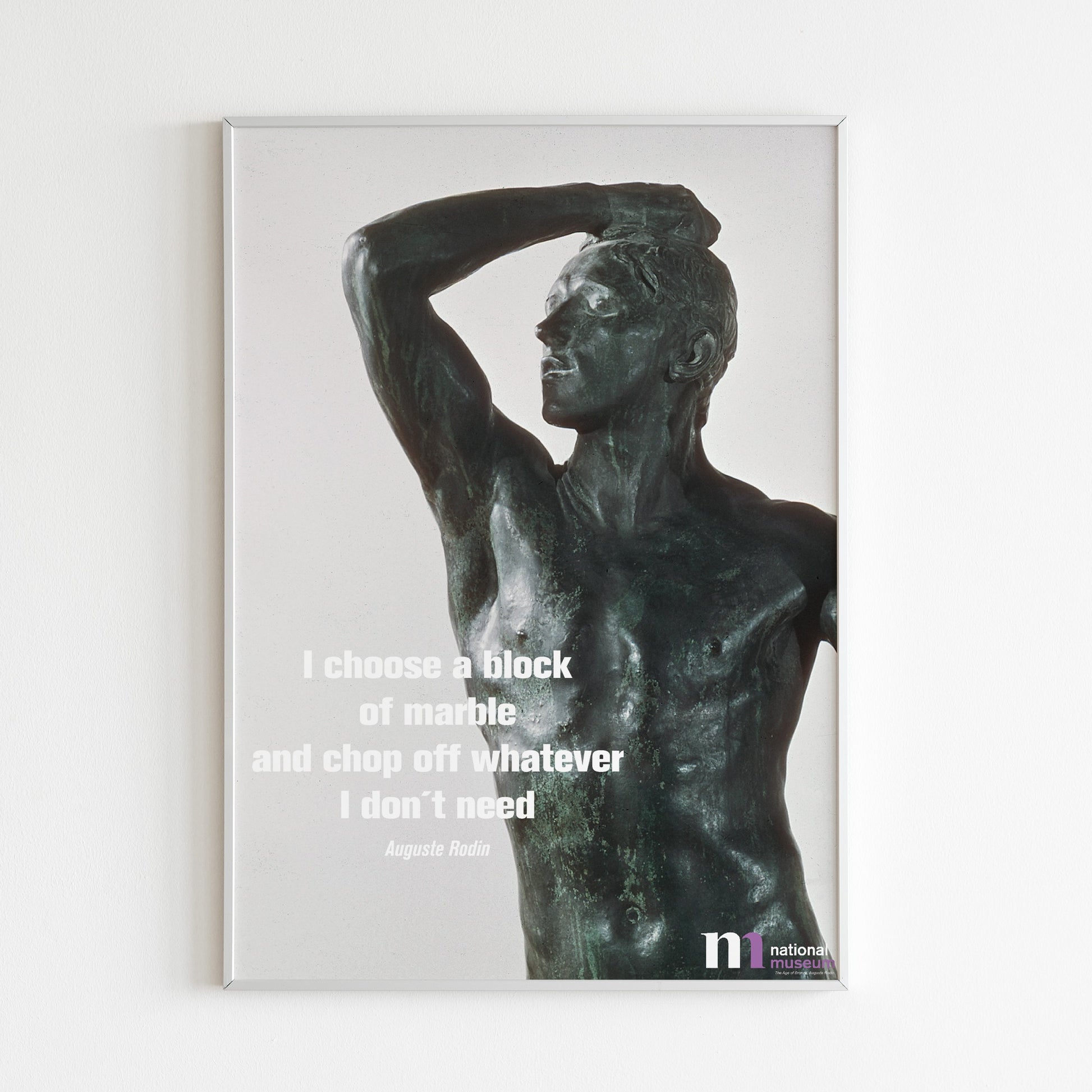 poster med Bronsåldern av Auguste Rodin från Nationalmuseum i vit ram