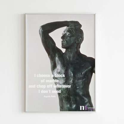 poster med Bronsåldern av Auguste Rodin från Nationalmuseum i vit ram