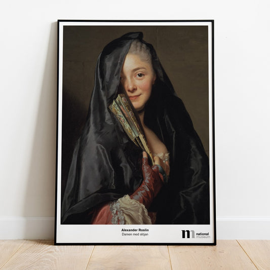 poster med damen i slöjan från NAtionalmuseum i svart ram lutad mot en vägg