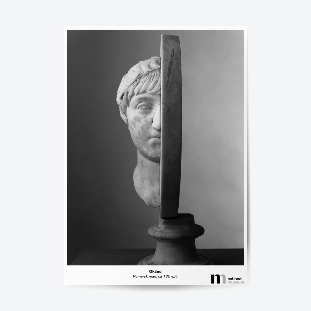 Svartvit poster med motiv av skulpturen Romersk man 130 e.Kr