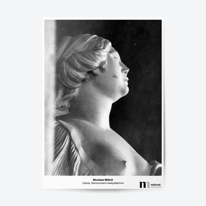 Svartvit poster med detalj av Nicolaes Millichs marmorskulptur Urania
